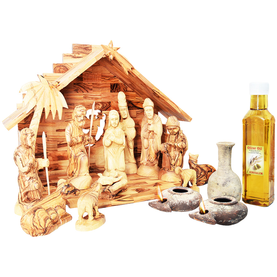 Olive Wood Nativity Set with Jesus Time Replica Clay Lamps and Oil Filler