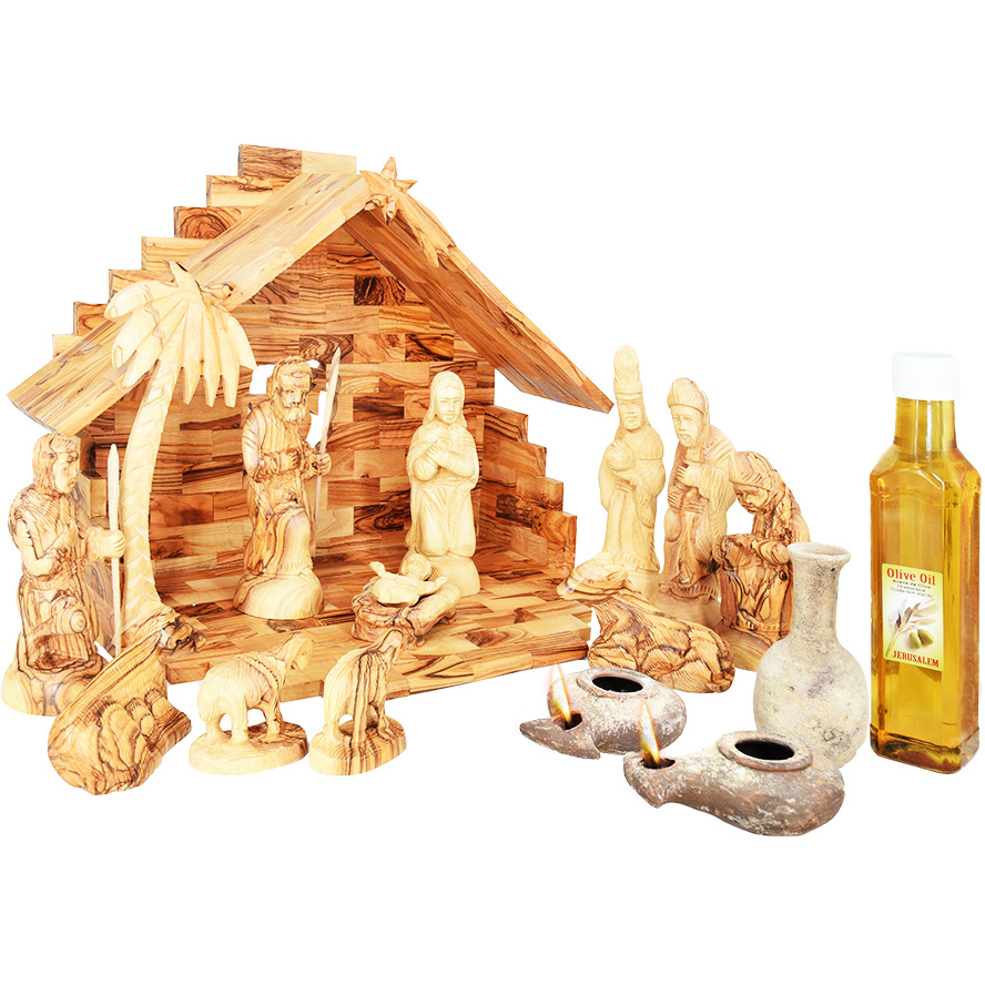Olive Wood Nativity Set with Jesus Time Replica Clay Lamps and Oil Filler (angle view)
