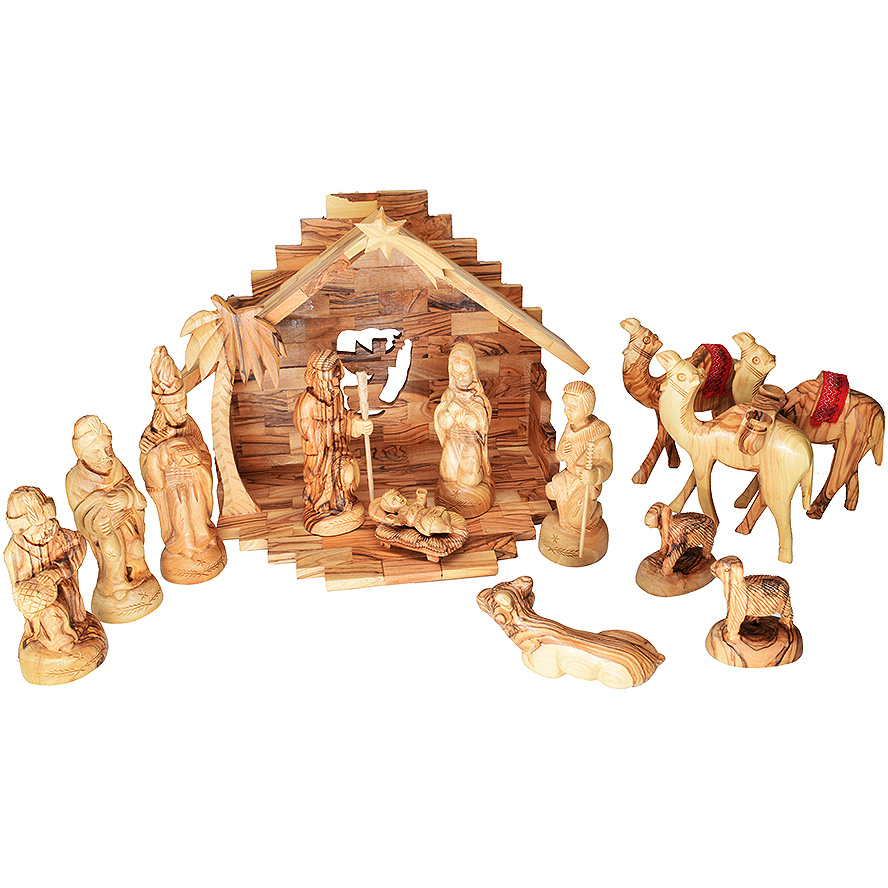 Deluxe Olive Wood Nativity Set with Camels – Made in Bethlehem – 12.5 inch