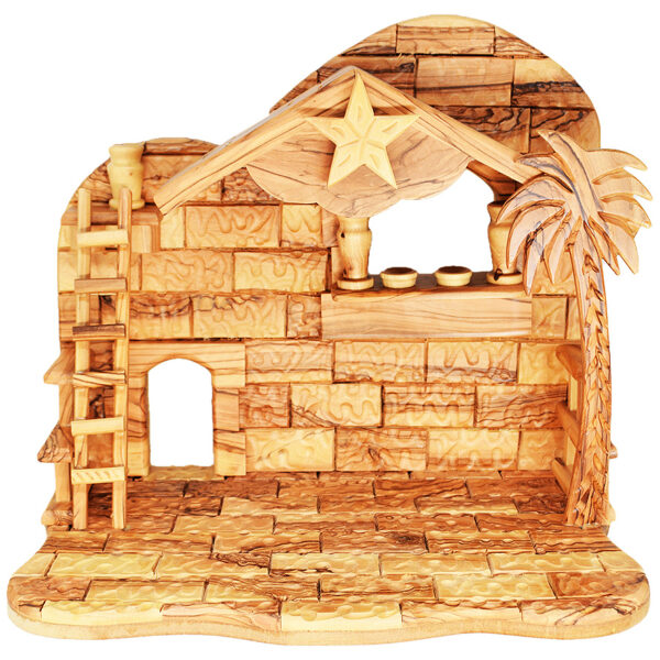 Musical Nativity Stable Only - in Olive Wood from Bethlehem (front view)