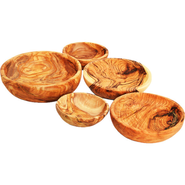 Olive Wood Nesting Bowls - Hand Carved in Israel - Set of 5 (spread on table)