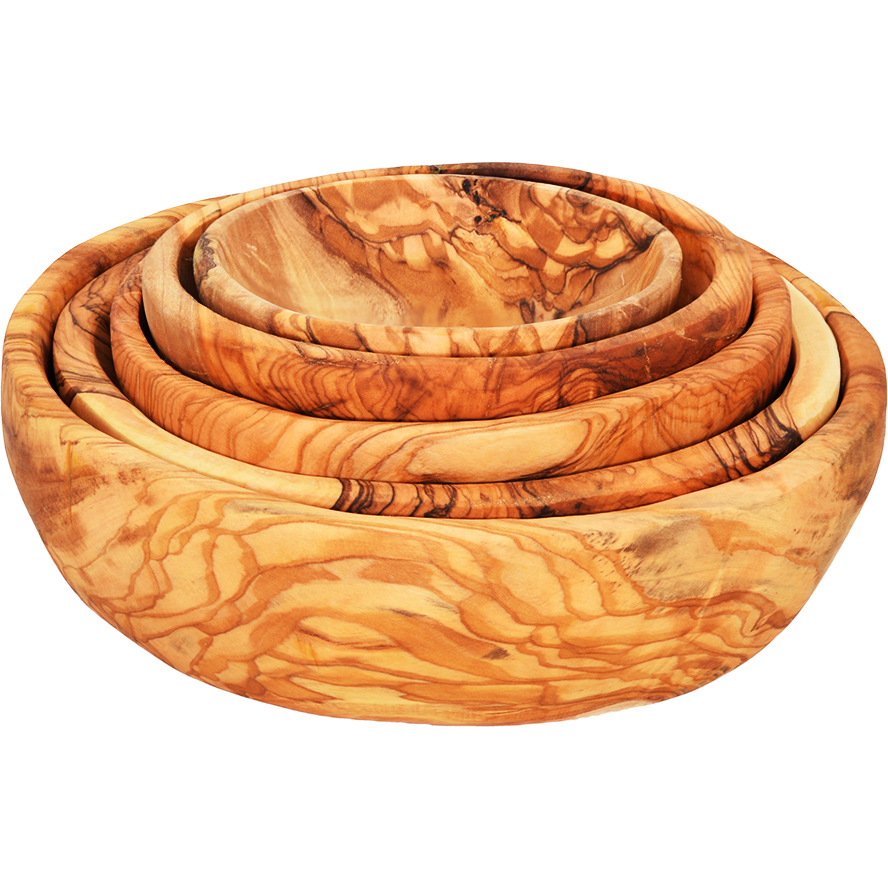Olive Wood Nesting Bowls – Hand Carved in Israel – Set of 5 (nested)