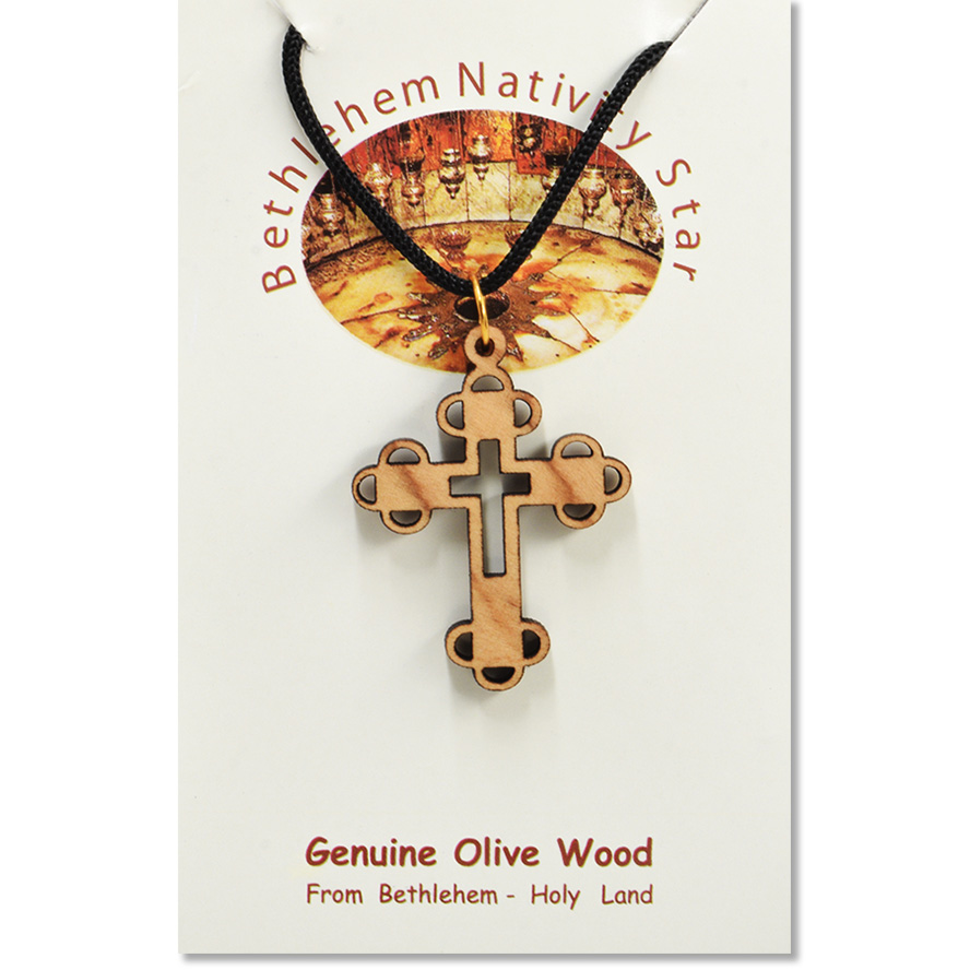 Olive Wood ‘Orthodox Cross’ Necklace – Made in the Holy Land (certificate)