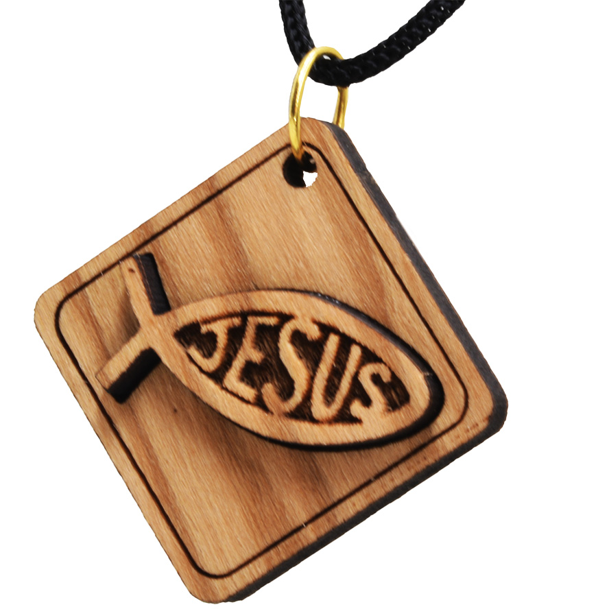 Olive Wood ‘Jesus Fish’ on Plaque Christian Pendant from Jerusalem