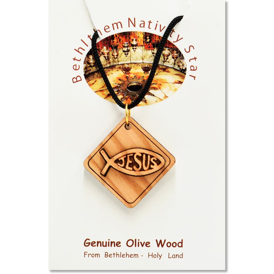 Olive Wood ‘Jesus Fish’ on Plaque Christian Pendant from Jerusalem (certificate)