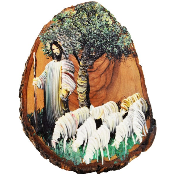 The Good Shepherd in White - Jesus Oil Painting on an Olive Wood Slice