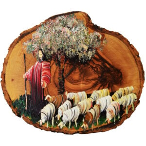 The Good Shepherd in Red - Jesus Oil Painting on an Olive Wood Slice