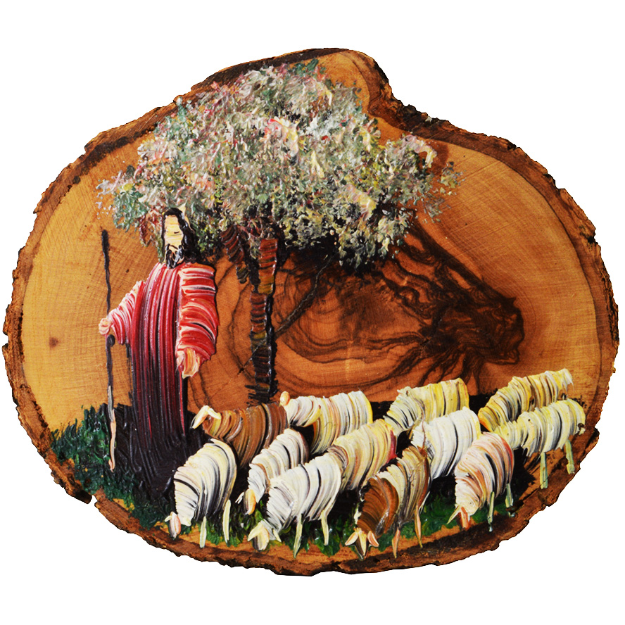 The Good Shepherd in Red – Jesus Oil Painting on an Olive Wood Slice