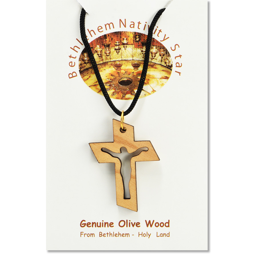 Olive Wood ‘Resurrection Cross’ Necklace – Made in the Holy Land (Certificate)