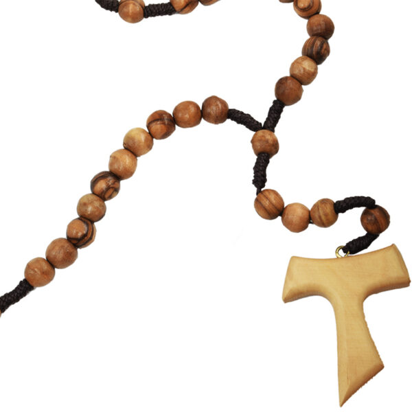 Olive Wood Rosary Beads with TAU Cross - Made in Jerusalem (detail)