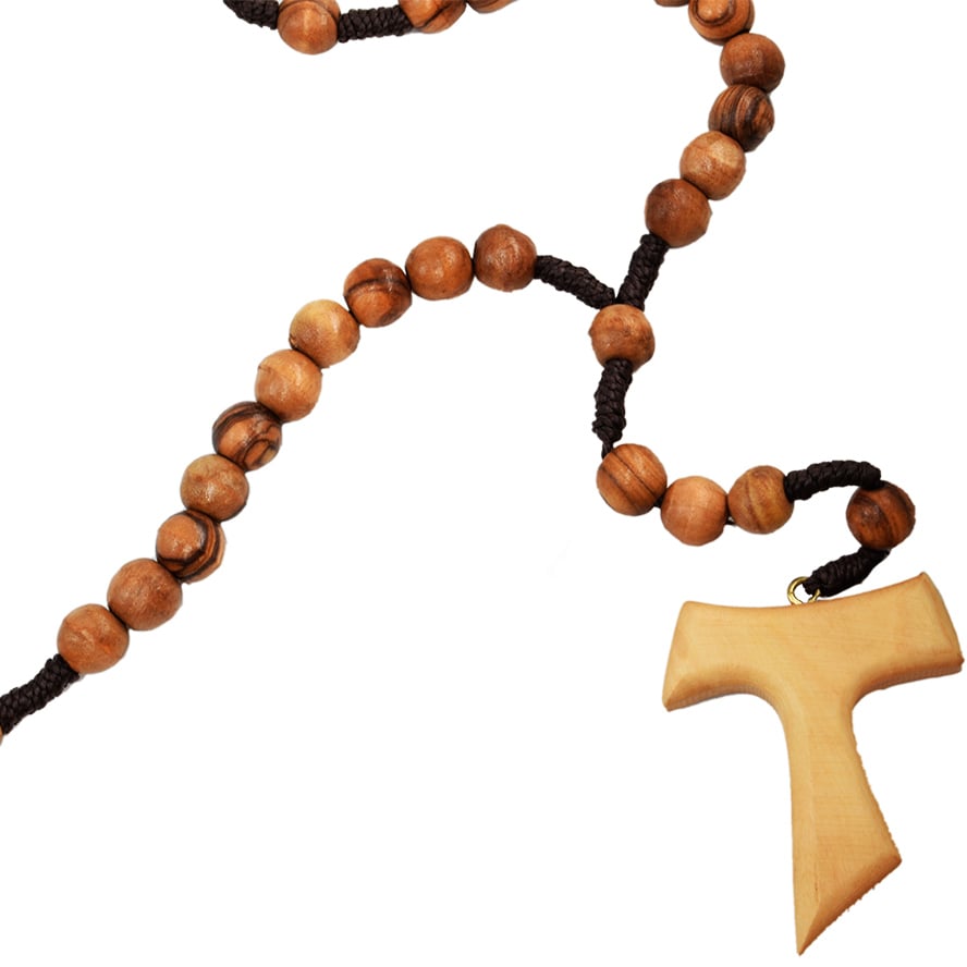 Olive Wood Rosary Beads with TAU Cross – Made in Jerusalem (detail)