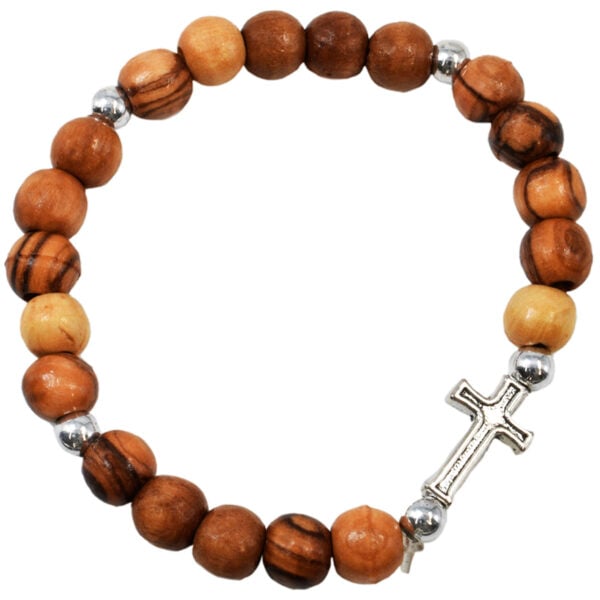 Olive Wood Rosary Bracelet with Metal Cross - Made in Jerusalem