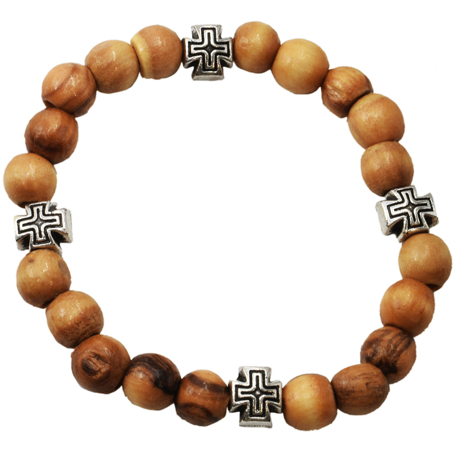Olive Wood Rosary Bracelet with Metal ‘Jerusalem Cross’ Beads
