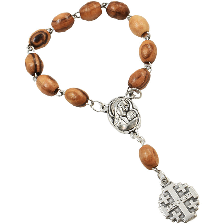 Olive Wood Rosary Bracelet 'Mary and Jesus' with a Jerusalem Cross