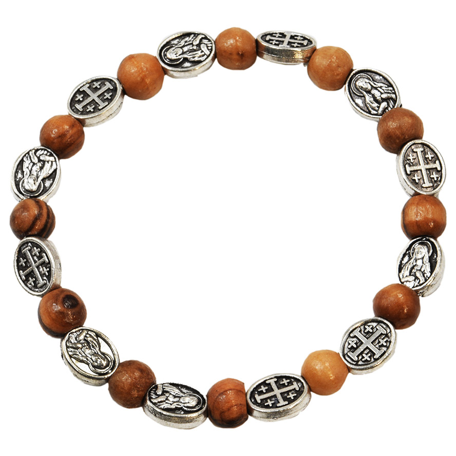 Olive Wood Rosary Bracelet with Metal 'Jerusalem Cross and Mary'