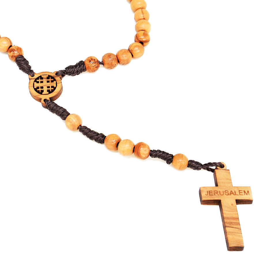 Olive Wood Rosary Beads with ‘Jerusalem Cross’ and Wooden Cross (detail)