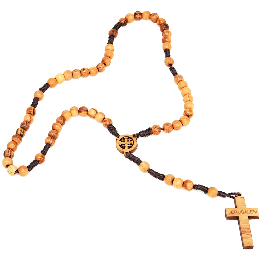 Olive Wood Rosary Beads with 'Jerusalem Cross' and Wooden Cross