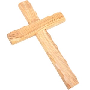 "The Old Rugged Cross" Carved from Aged Olive Wood in Israel - 14" (angle view)