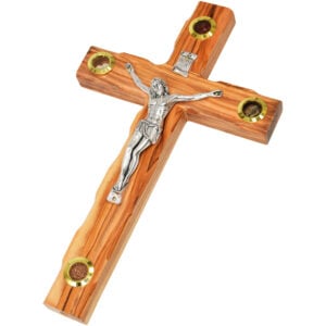 Olive Wood Cross Crucifix - 3 Incense & Soil Wall Hanging - 10" inch