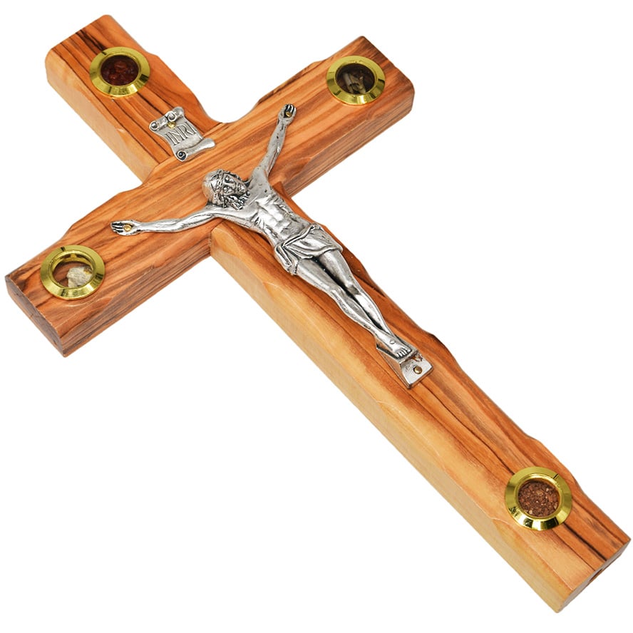 Olive Wood Cross Crucifix – 3 Incense & Soil Wall Hanging – 10″ inch (laying down)