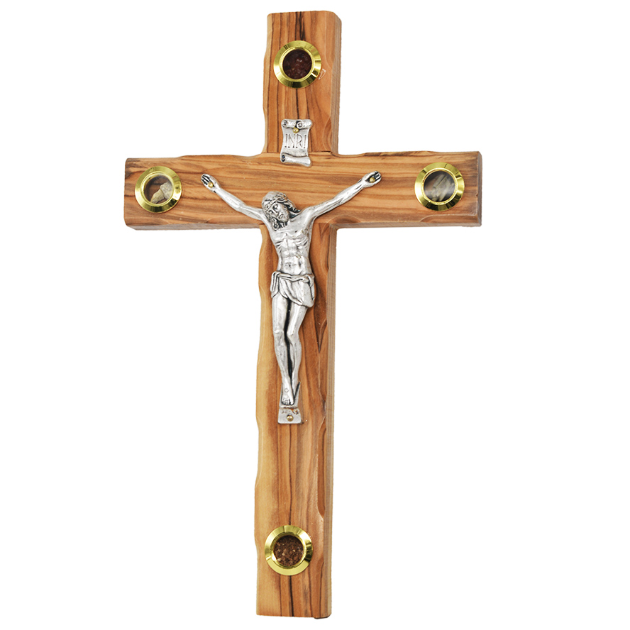Olive Wood Cross Crucifix – 3 Incense & Soil Wall Hanging – 10″ inch (standing)