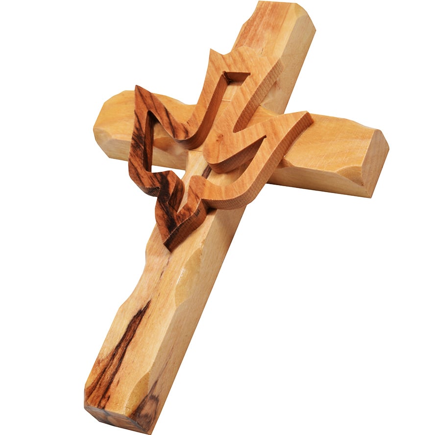 Olive Wood 'Rugged Cross' With Holy Spirit Dove from Bethlehem - 5"