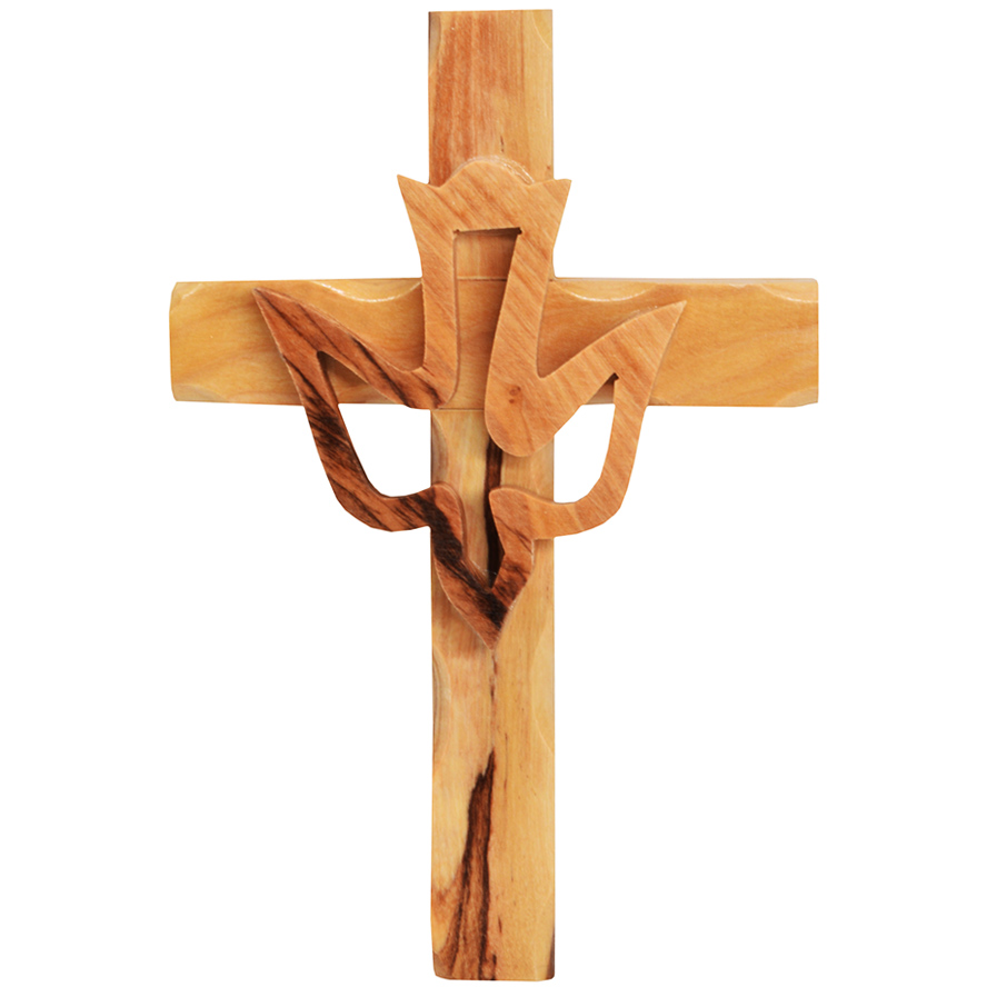 Olive Wood ‘Rugged Cross’ With Holy Spirit Dove from Bethlehem – 5″ (front)
