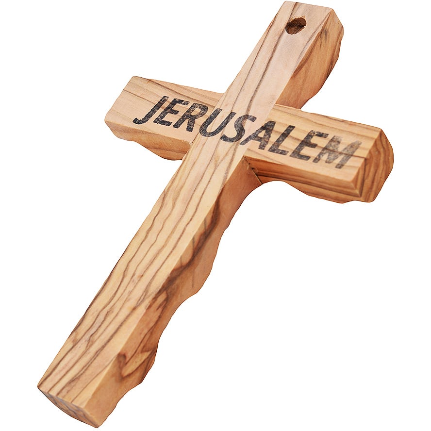 ‘Jerusalem’ on back of olive wood cross