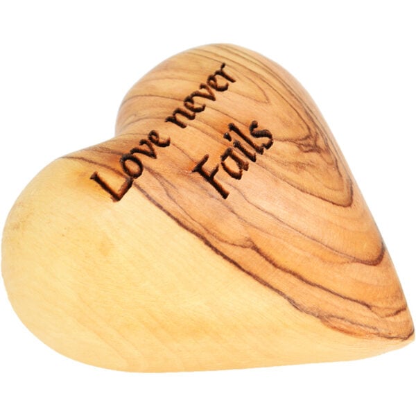 Engraved Olive Wood Heart "Love Never Fails"