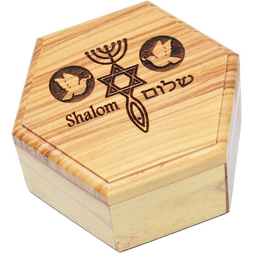 'Shalom' English / Hebrew Messianic Olive Wood Hexagonal Box - 3.8"