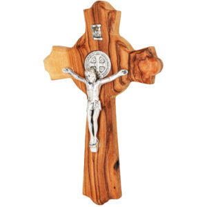 St. Benedict Olive Wood Cross with Metal Crucifix Wall Hanging - 4" inch (front view)