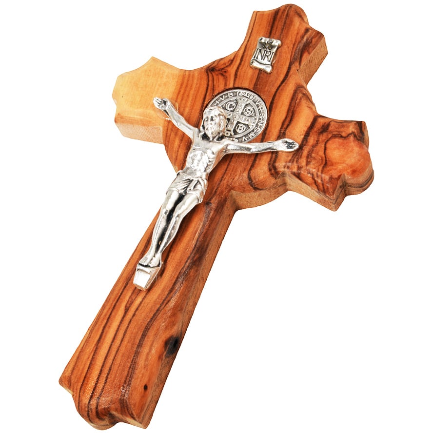 St. Benedict Olive Wood Cross with Metal Crucifix Wall Hanging - 4