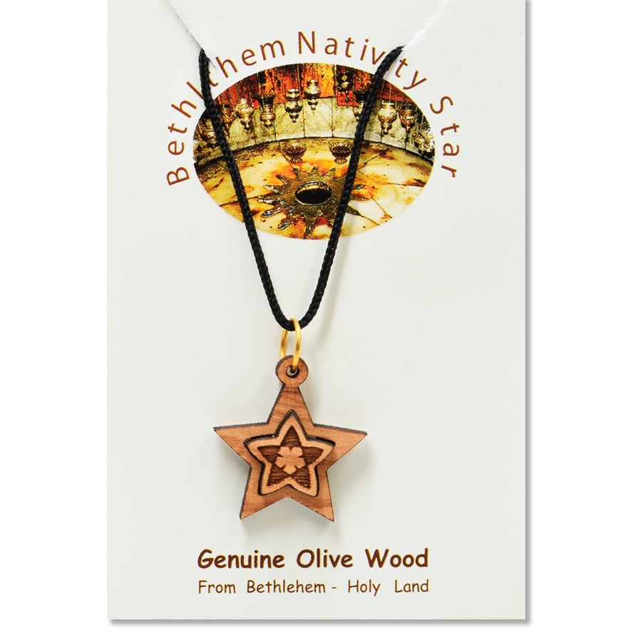 Olive Wood Star 3D Necklace – Made in the Holy Land (certificate)