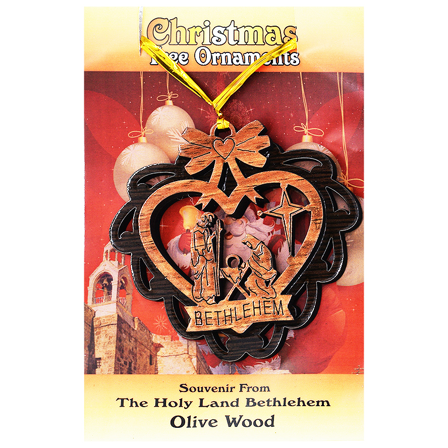 Christmas Tree ‘Nativity Heart’ Olive Wood Decorations