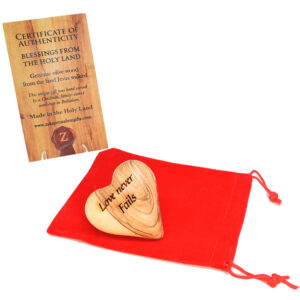 Engraved Olive Wood Heart "Love Never Fails" in Velvet Gift Bag
