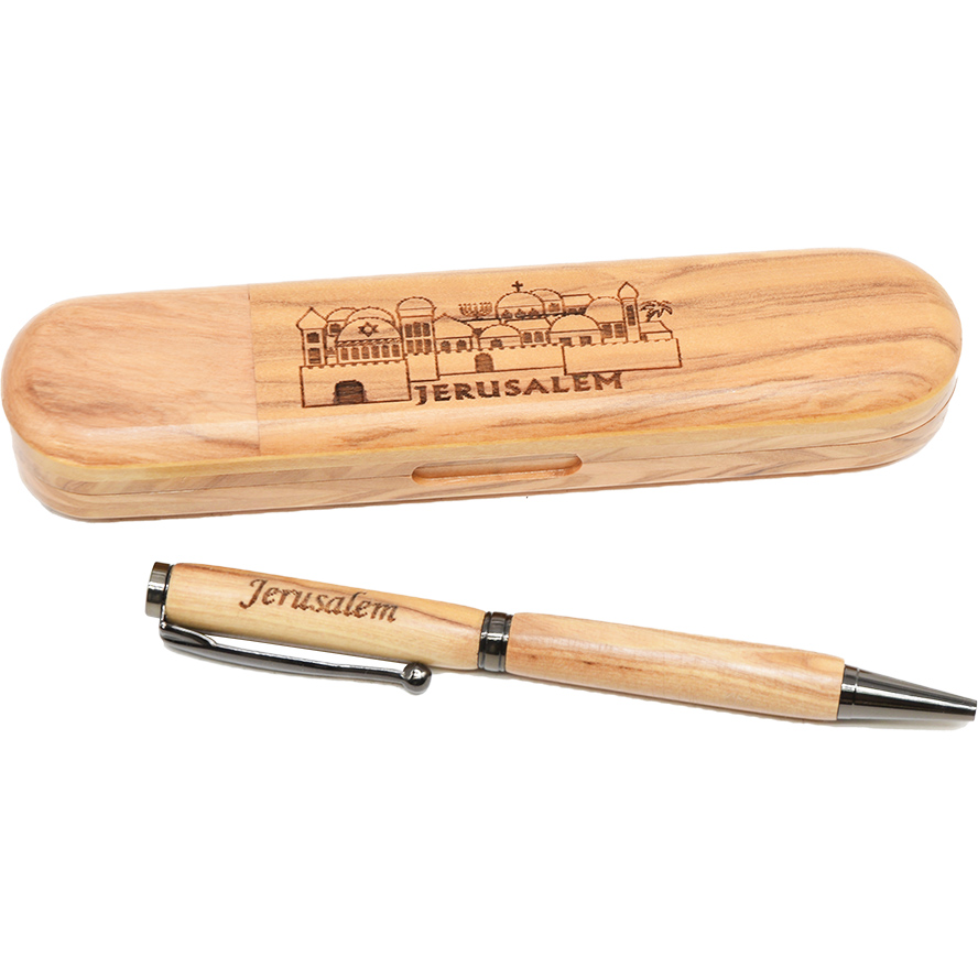 Olive Wood ‘Jerusalem’ Pen and Case Set – Made in Israel