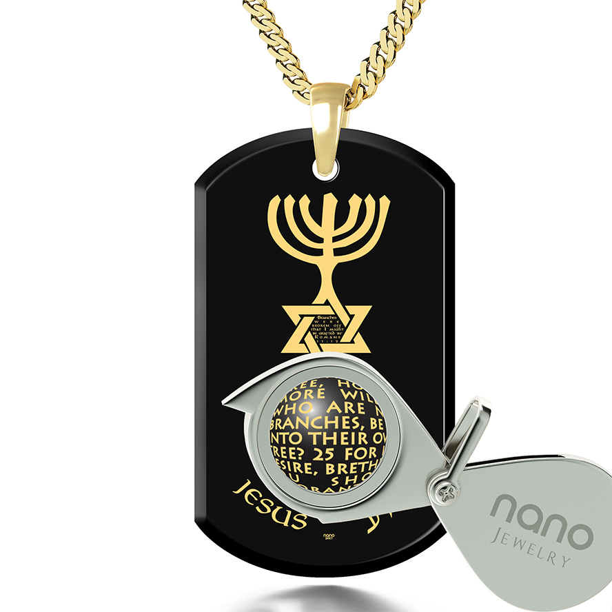 Messianic 24k Nano Engraved ‘One New Man’ Onyx and 14k Gold Necklace (with magnifying glass)