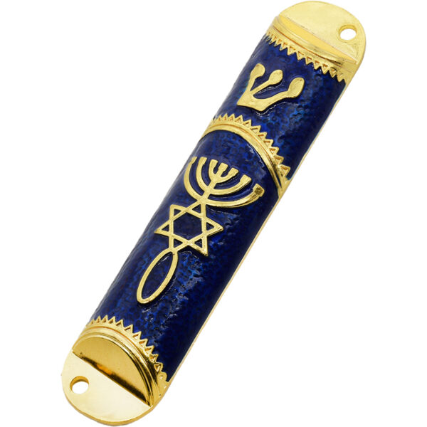 Messianic 'One New Man' Mezuzah with Printed Parchment - Blue 4" (angle view)