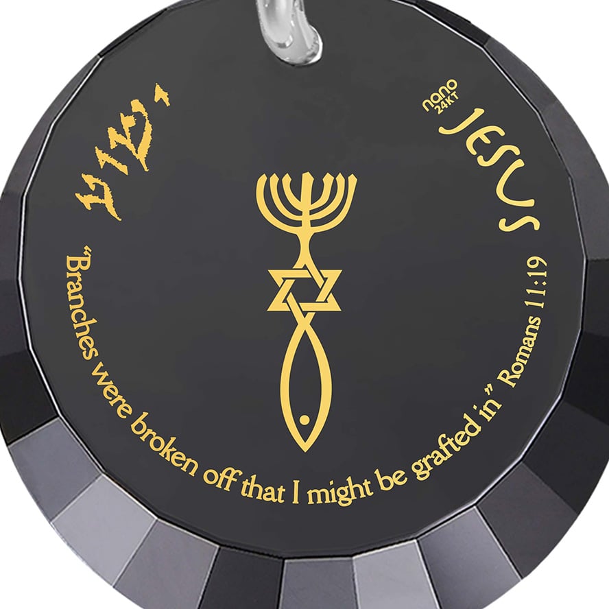 Messianic 14k Gold Engraved Romans 11:19 Sterling Silver Zirconia Necklace (detail)
