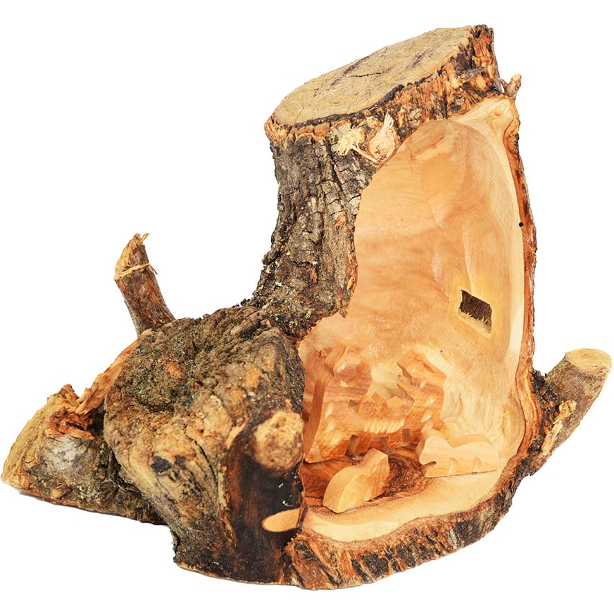 One of a Kind – Olive Wood Log Nativity Scene from Israel – 6″ (side view)