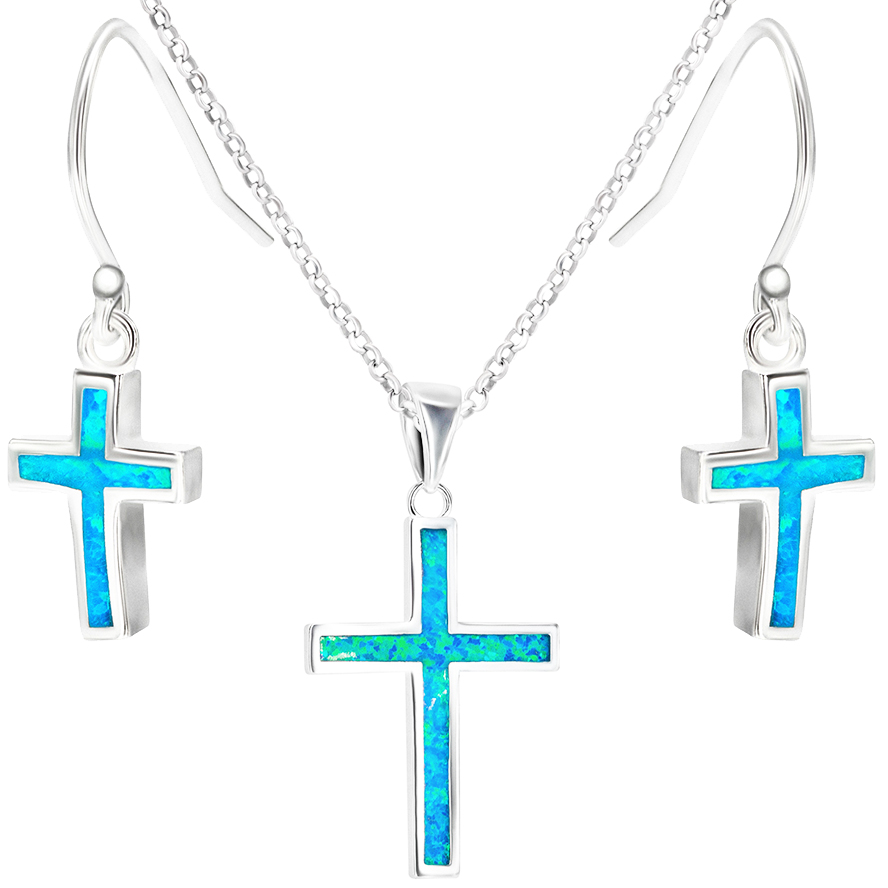 ✞ Classic Opal in Sterling Silver Cross Jewelry Set - Size Options
