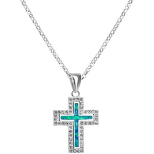 ✞ Zirconia Surrounding Opal in Sterling Silver Cross Necklace (with chain)