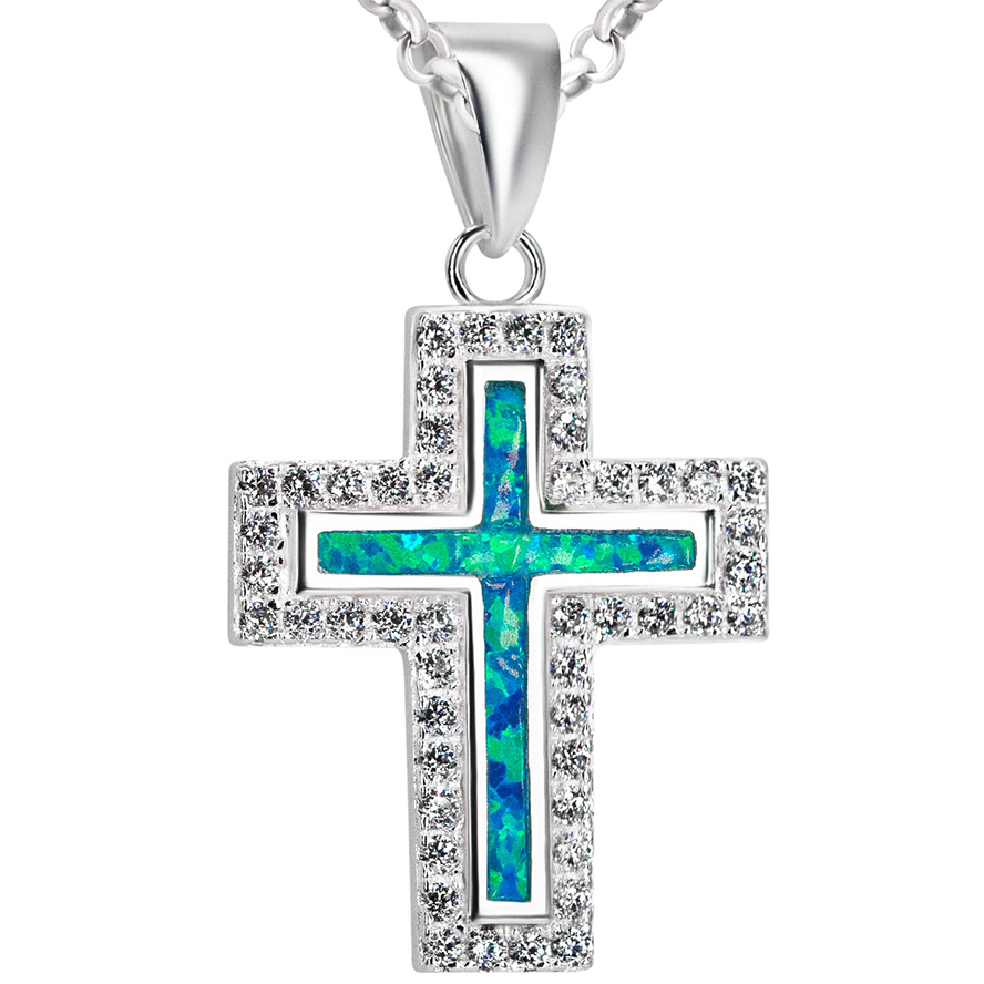 ✞ Zirconia Surrounding Opal in Sterling Silver Cross Necklace