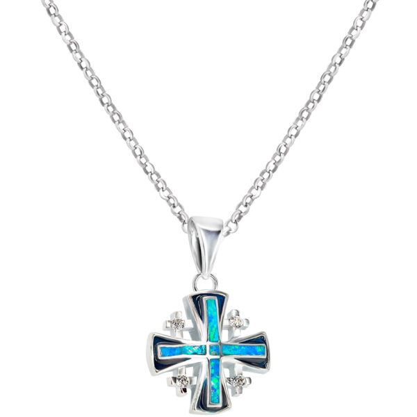 'Jerusalem Cross' Sterling Silver and Opal Pendant with Zirconia (with chain)