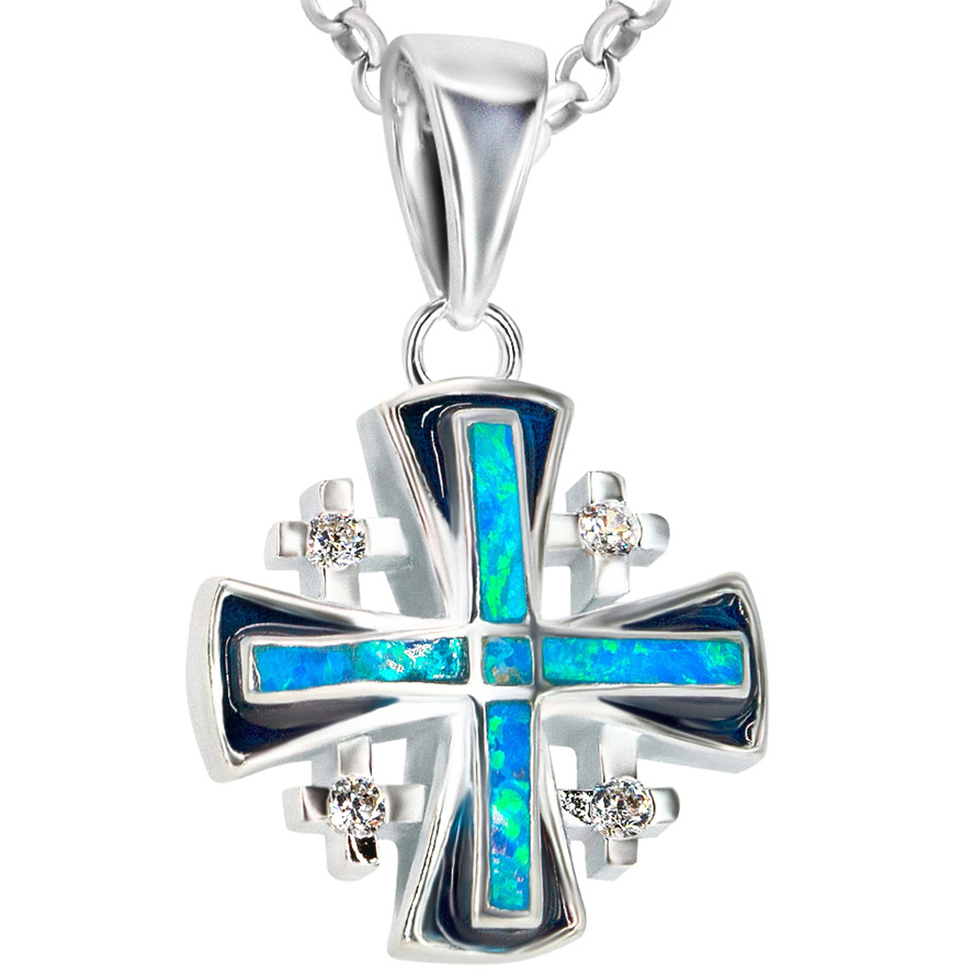 'Jerusalem Cross' Sterling Silver and Opal Pendant with Zirconia