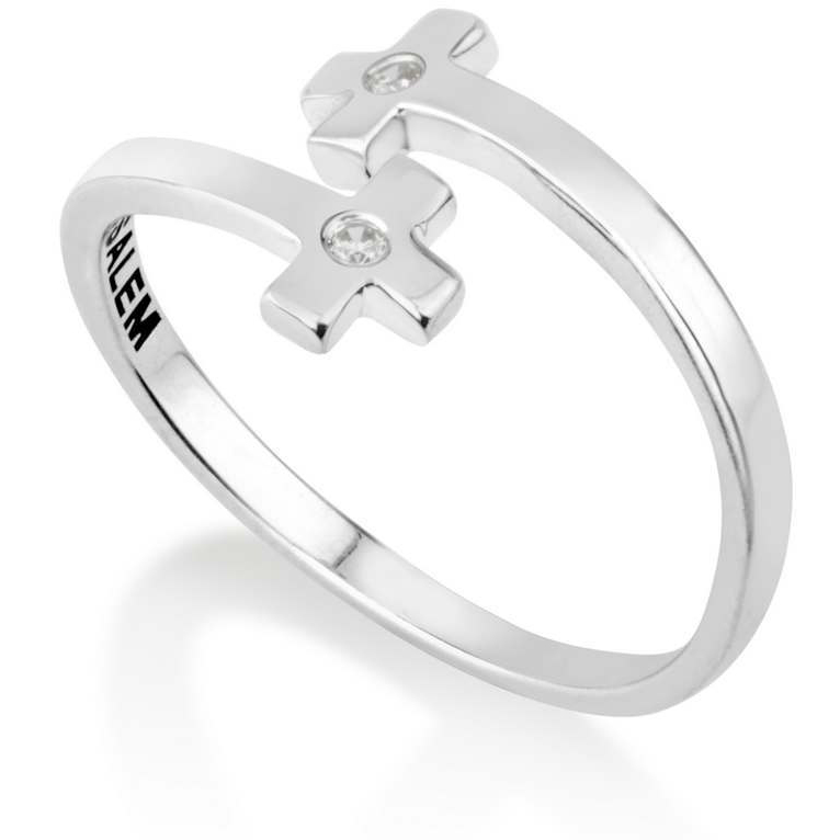 Open Cross Ring in Sterling Silver with 'Jerusalem' Engraving and Zircon