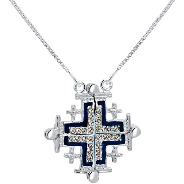 'Jerusalem Cross' Opening Necklace - Zircon in 925 Silver - Blue (with chain)