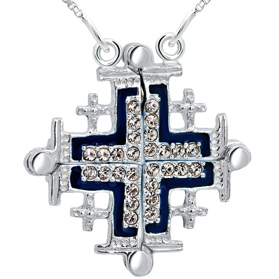 Jerusalem Cross' Opening Necklace - Zircon in 925 Silver - Blue