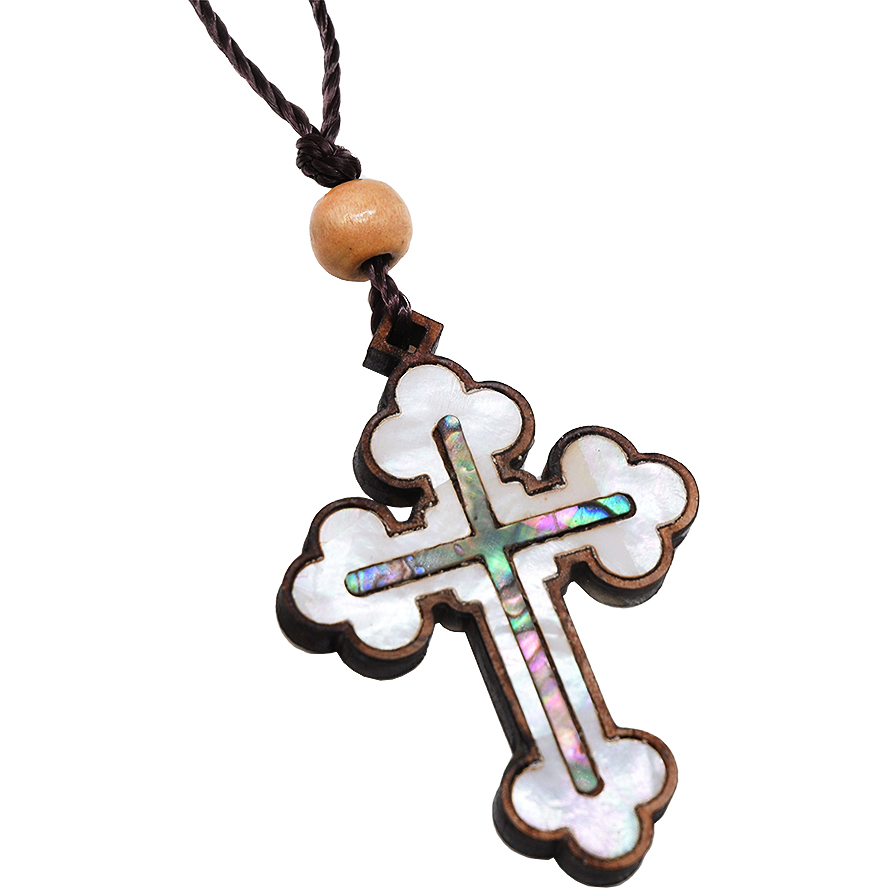Olive Wood 'Orthodox Cross' Necklace - Mother of Pearl