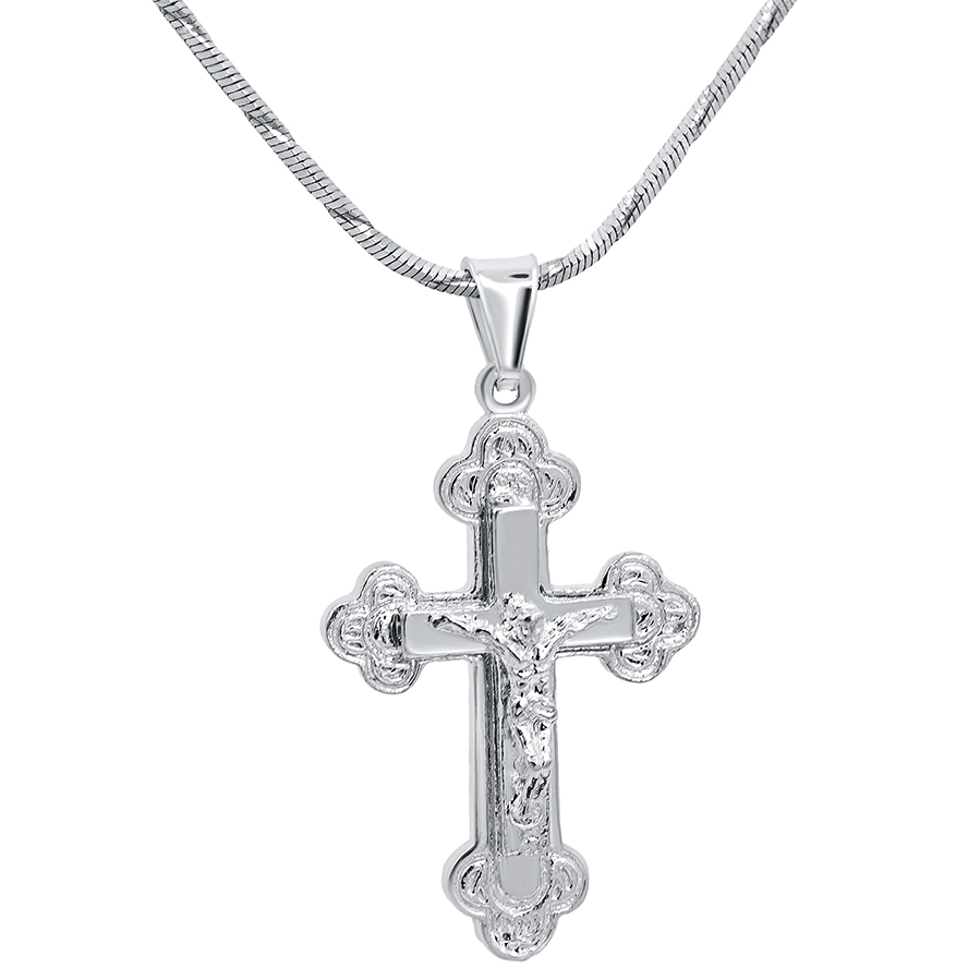 Sterling Silver Crucifix Pendant – Made in the Holy Land – 1.2″ inch (with chain)